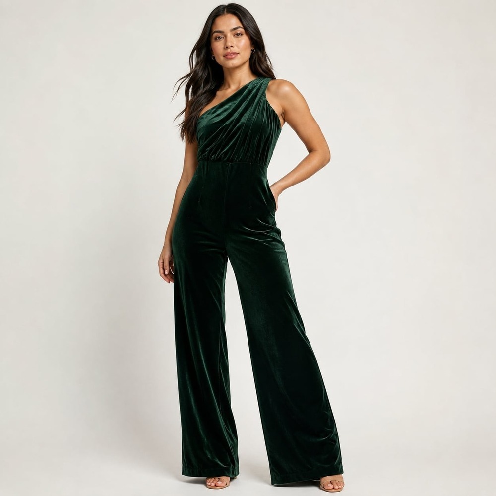 Express Green Velvet One Shoulder Draped Wide Leg Jumpsuit Size S Holiday Party